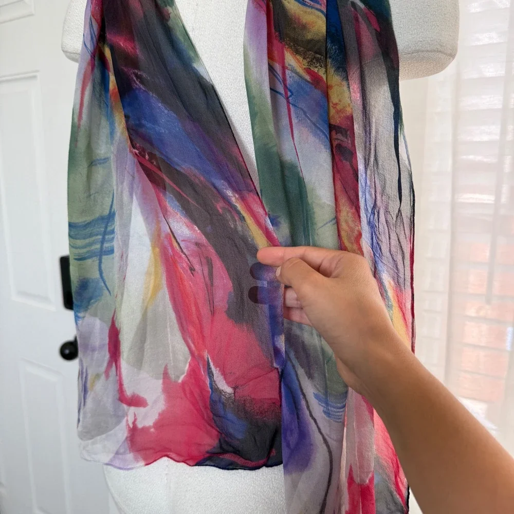 Silk Abstract Watercolor Sheer Chiffon Scarf Multi-Color Artistic Lightweight